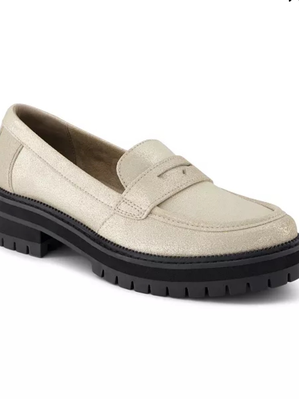 TOMS Cara Lug Sole Loafers metallic champagne suede leather black chunky 6.5